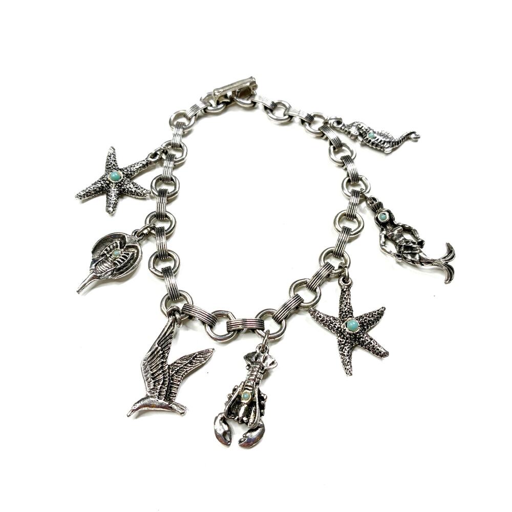 Vintage Silver-Tone Sea Life Ocean Beach Charm Bracelet w/ Turquoise Accent